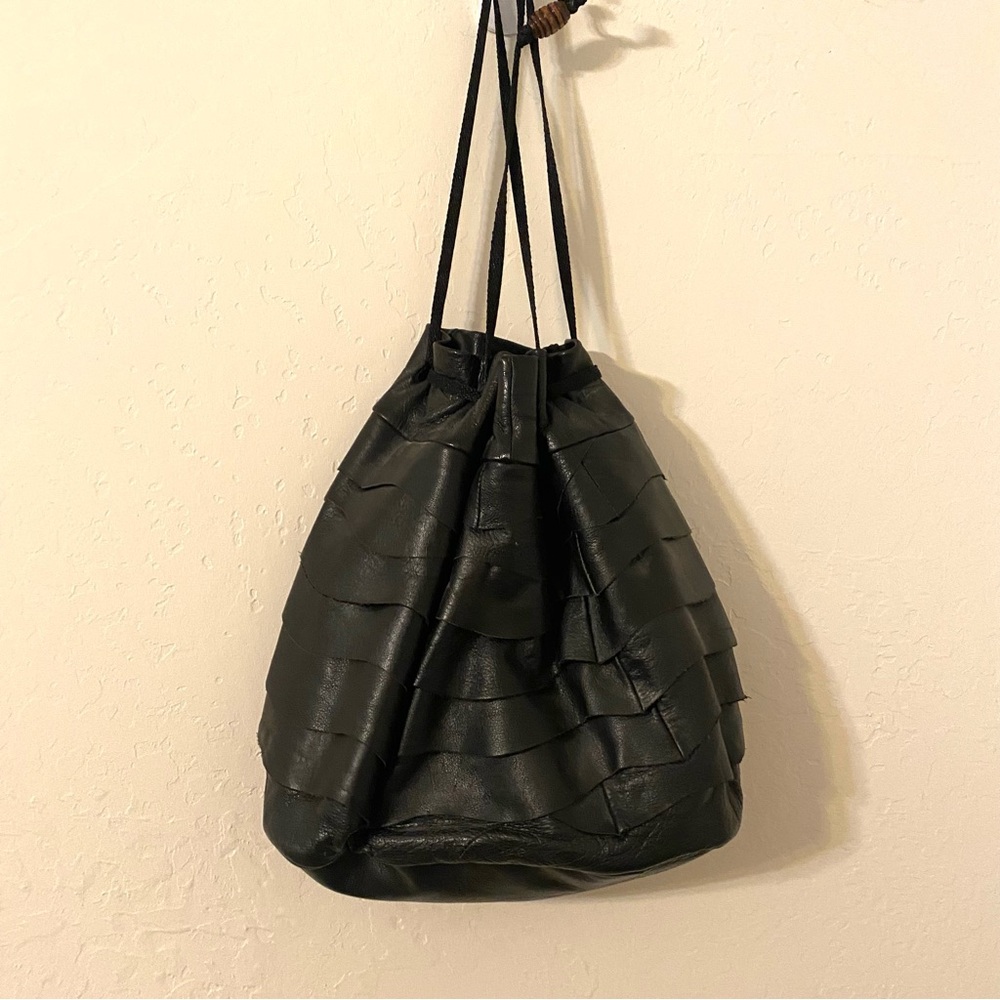 NWOT Ruffled Women's Leather Bucket Bag, Handmade, black purse.